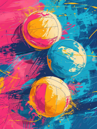 Abstract painting of volleyballs on a vibrant colorful background.の素材
