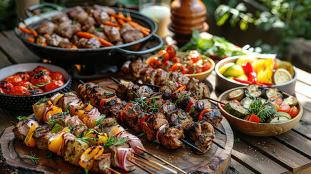 Dinner table with grilled lamb kebab, chicken skewers with roasted vegetables and appetizers variety served on wooden outdoor table.の素材