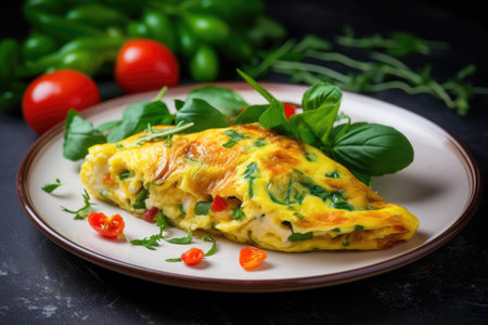 Healthy breakfast food, stuffed egg omelette with vegetablesの素材