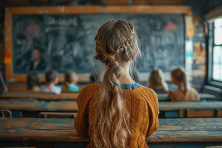A young girl with braided hair is sitting in a school classroom facing the blackboardの素材