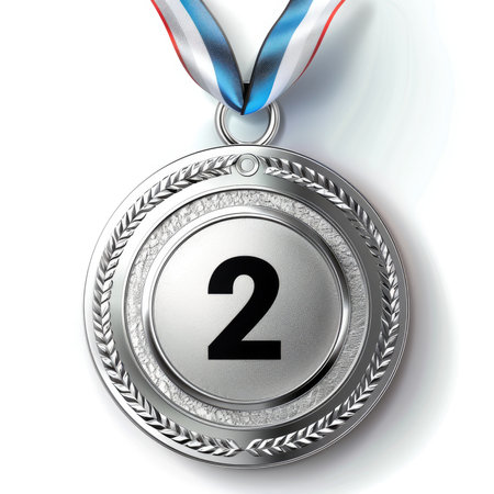 Silver medal with ribbon featuring the number 2 in an elegant formの素材