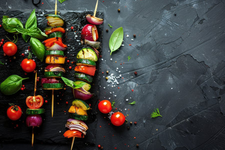 Colorful skewers with vegetables and meats, arranged on a dark rustic background.の素材