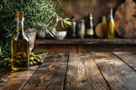 Empty wooden table with olives and a bottle of olive oil. Natural podium, background suitable for product presentationの素材