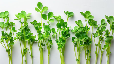 Healthy microgreens growing on soil surface isolated on white backgroundの素材