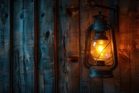 Vintage-style lantern illuminating the exterior of a log cabin in the eveningの素材