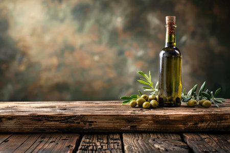 Empty wooden table with olives and a bottle of olive oil. Natural podium, background suitable for product presentationの素材