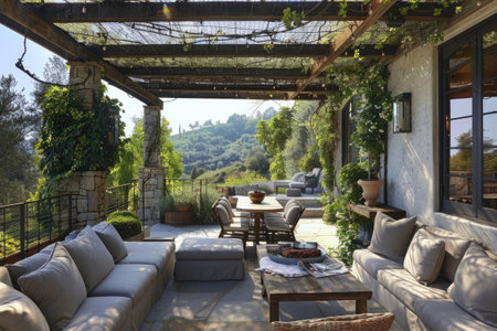 Cozy patio with sofas and a table. Pergola shade over patio.の素材