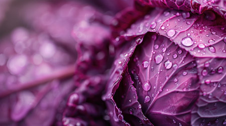 Close-up of fresh red cabbages with water drops on their leaves.の素材
