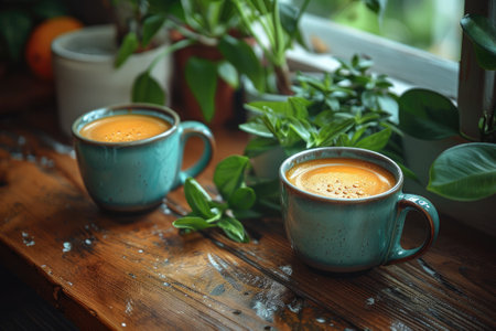 Two warm cups of coffee on a wooden table surrounded by green plantsの素材