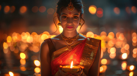 Beautiful woman holding a lit diya at a festival with bokeh lights behindの素材