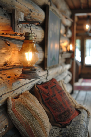 Old rusty kerosene lantern is glowing, bringing light in the dark inside of a log cabinの素材