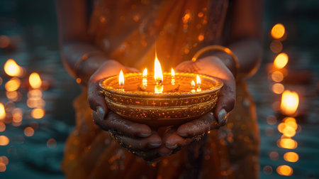 Woman holding a burning diwali oil lamp in her hands with bokeh lights in the backgroundの素材