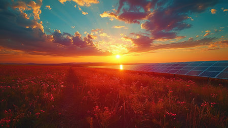 Solar panels are providing clean energy in a beautiful sunset landscapeの素材