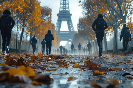 Crowd participating in a marathon on a sunny day with the Eiffel Tower in the backgroundの素材