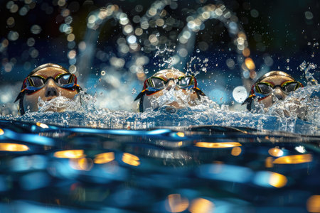 Three synchronized swimmers are surfacing in crystal clear waterの素材