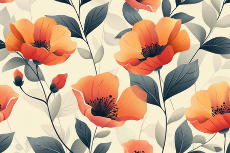 Seamless floral pattern with orange poppies blooming on beige background, perfect for creating romantic and elegant designsの素材