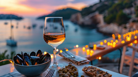 Seafood dish with mussels and wine against a beautiful sunset over the seaの素材