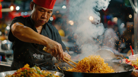 Asian cook is smiling while preparing steaming noodles in a wok at a street food market stallの素材