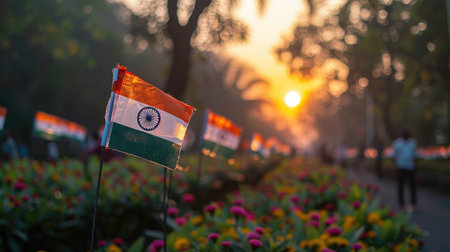Indian flag waving in the wind in a park at sunset, celebrating India's independence dayの素材