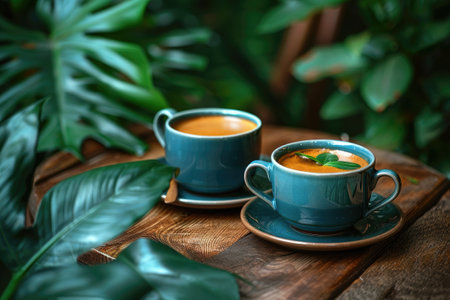 Two warm cups of coffee on a wooden table surrounded by green plantsの素材