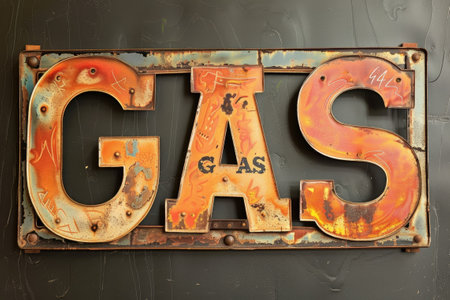 Vintage gas station sign with bold letters and rusted metal background.の素材