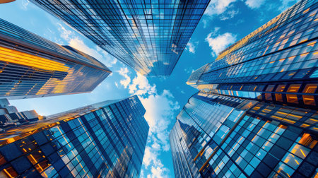 Looking up at the towering modern glass skyscrapers against a backdrop of a clear, blue sky, representing modernity and architectural brilliance.の素材