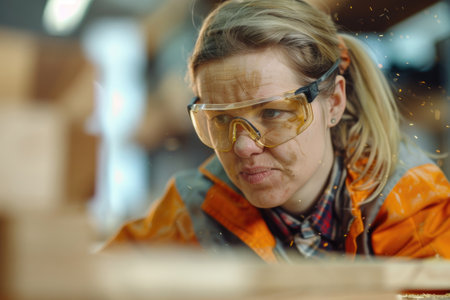 Carpenter woman wearing safety glasses sanding wood in a workshopの素材