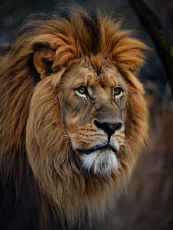 Portrait of a majestic lion with a flowing mane looking up on a black backgroundの素材