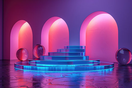 3d illustration of empty round glass podium displaying on wet floor with neon light and glowing arches backgroundの素材