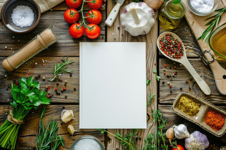 Blank white book cover mock-up on an Italian kitchen table surrounded by fresh herbs and Italian ingredientsの素材