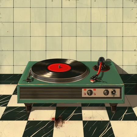 Vintage green turntable with a record on a checkered floor in an artistic room.の素材