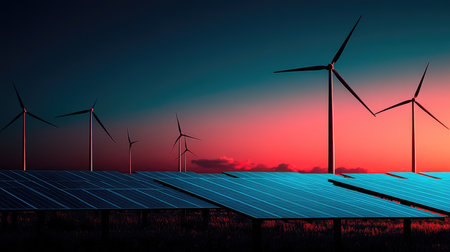 Solar panels providing clean energy during a beautiful sunset with wind turbines in the backgroundの素材