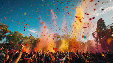 Crowd throwing bright colored powder paint in the air, Holi Festival Dahan. --ar 16:9 --style raw --stylize 700 Job ID: bc3d5a1a-2307-4810-9407-8356b395ce4dの素材
