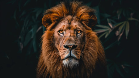 Close-up portrait of a fierce and powerful lion with an intense expression.の素材