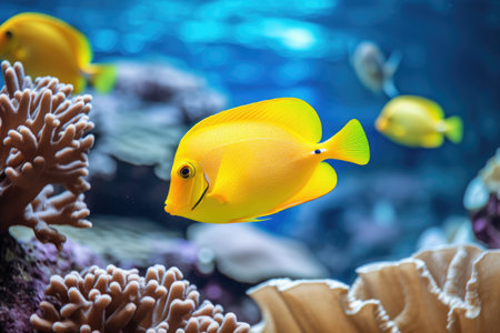 Vibrant yellow fish swimming near coral in a lively, colorful aquarium.の素材