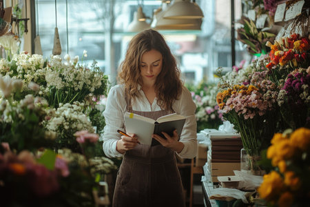 Young florist taking notes in her notebook while working in a flower shopの素材