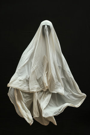 White antique ghost is flying on black backgroundの素材
