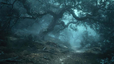 Majestic, twisted tree under a night sky evoking mystery and wonder.の素材