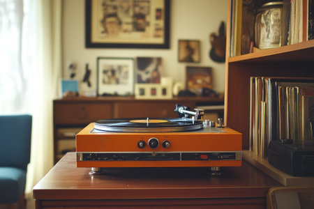 Orange record player playing a vinyl record in a cozy apartmentの素材