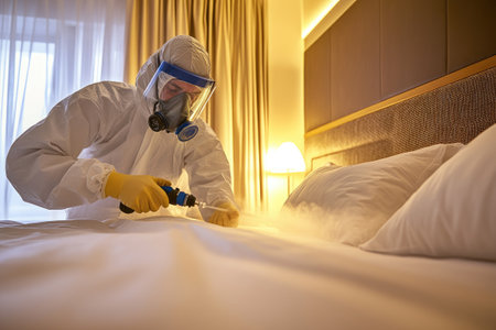 Hotel worker wearing a hazmat suit is disinfecting a bed in a hotel room using a steam cleanerの素材