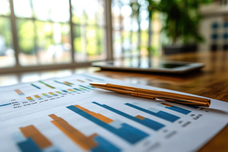 Business document with financial data showing growing statistics on business report with charts and graphの素材