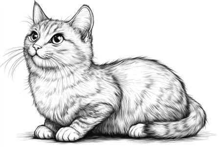Black and white sketch of a cat with its long fluffy tail visible, sitting and looking up curiouslyの素材