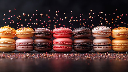 Colorful macarons are lying in a row on a dark background and ready to be eatenの素材