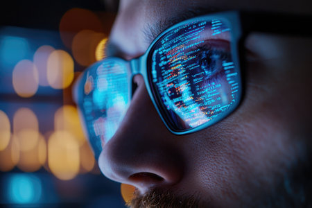Software developer working late reflecting code in glasses in dark officeの素材
