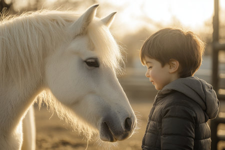 Little boy looking up at white horse on farmの素材