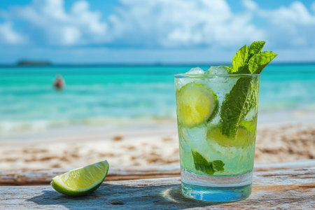 Glass of cold mojito cocktail with white rum, mint and lime standing on the sandy beachの素材