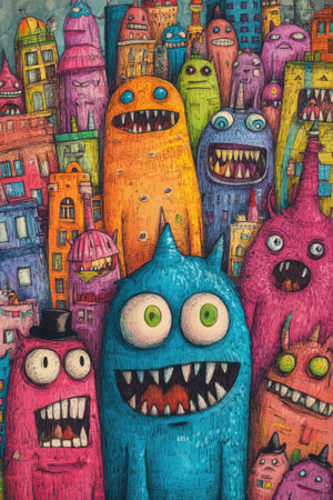 Illustration of colorful and funny monsters posing in a city full of strange buildingsの素材