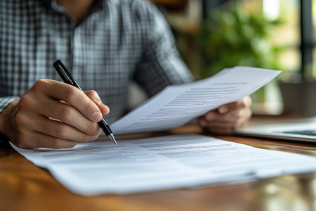 Businessman is carefully reading a contract or agreement before signing it, with a laptop in the backgroundの素材
