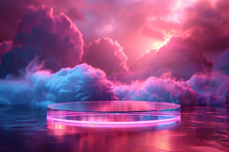 Empty round stage is glowing under a purple spotlight with smoke in the airの素材