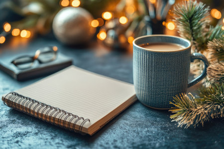 Blank notebook is open on a desk with a cup of hot chocolate, waiting for someone to write their Christmas plansの素材